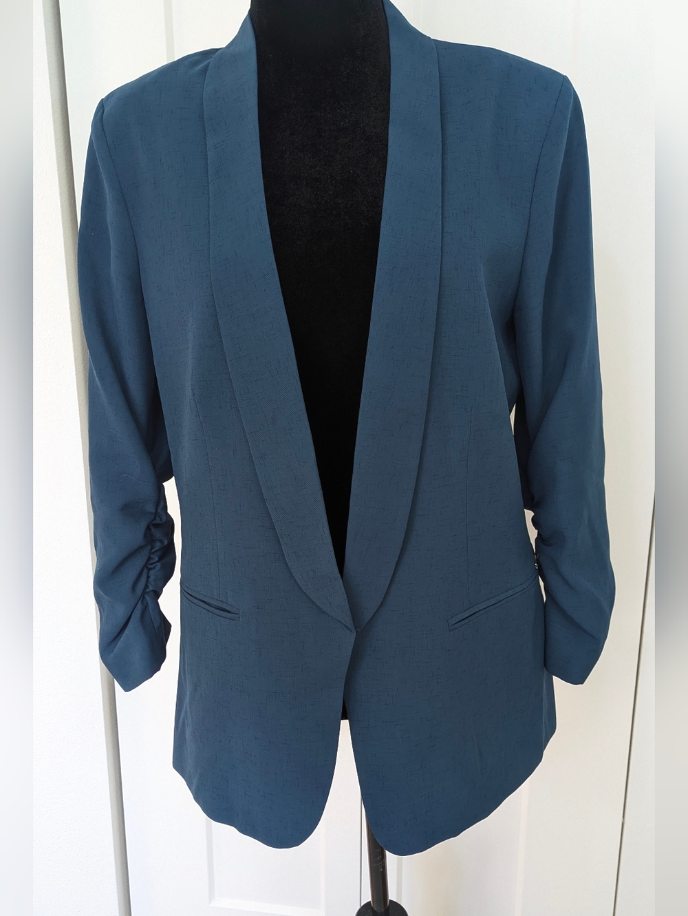 DKNY Women Blazer Jacket Teal Size 14 Gold Logo 3/4 Sleeves Classic Business EUC - Picture 3 of 13